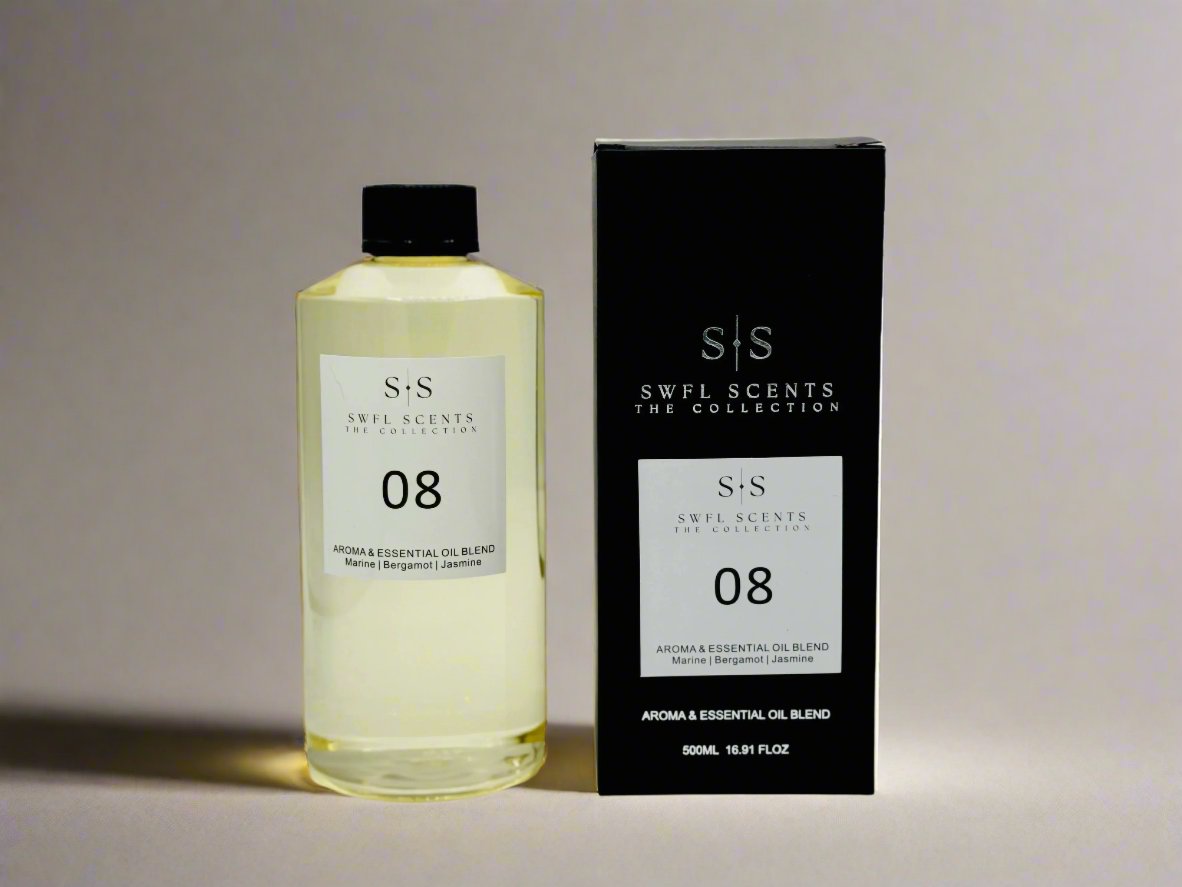 A stylish SWFL SCENT bottle positioned next to its matching box, highlighting the allure of the fragrance