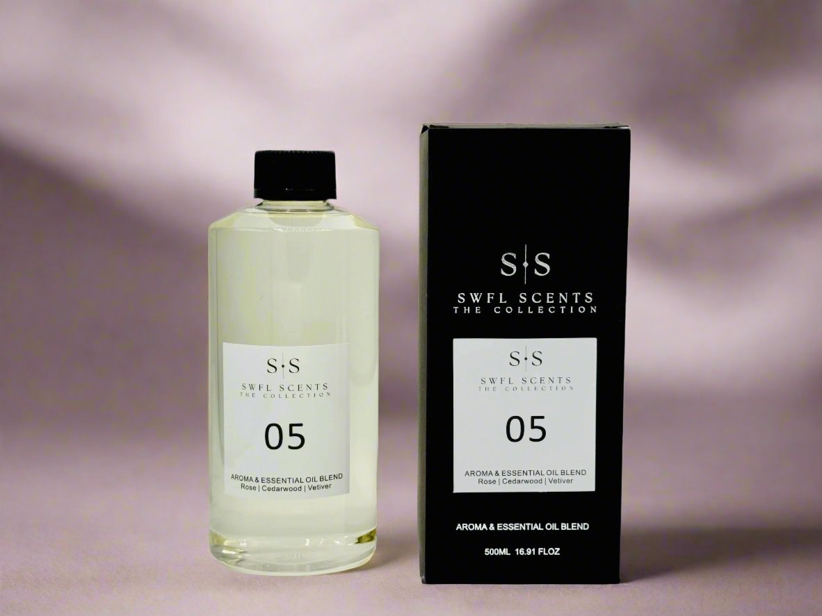 A stylish SWFL SCENT bottle positioned next to its matching box, highlighting the allure of the fragrance 05