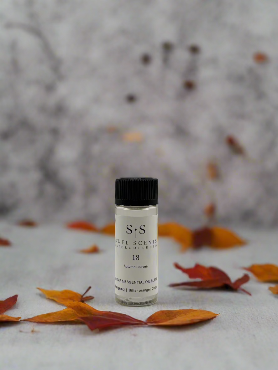 "Autumn-inspired scent featuring, sandalwood, patchouli, pine, and earthy leaves, evoking warmth and comfort."