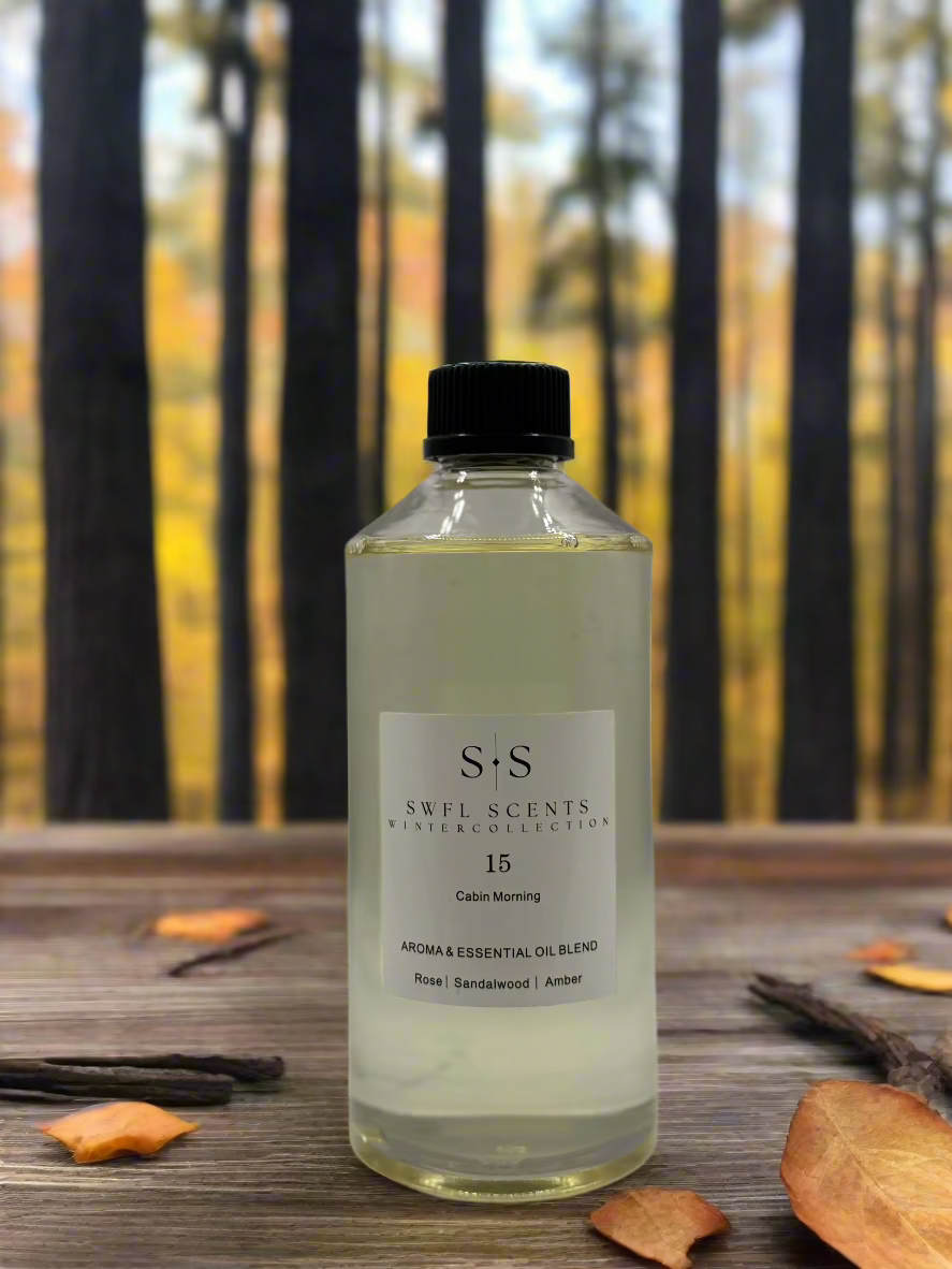 "Image of a calming fragrance inspired by a secluded pine forest cabin, featuring citrus, floral, and woody notes."